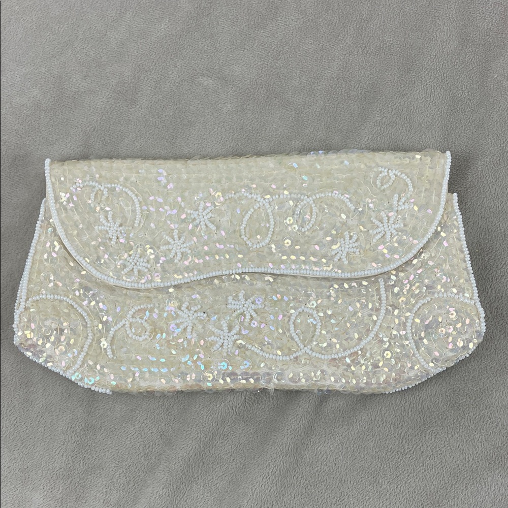 La Regale Vintage Japanese Clutch Cream Sequin White Beaded - Picture 3 of 10